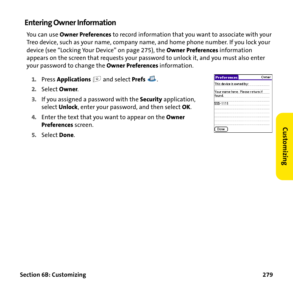 Entering owner information | Palm Treo 755P User Manual | Page 287 / 390