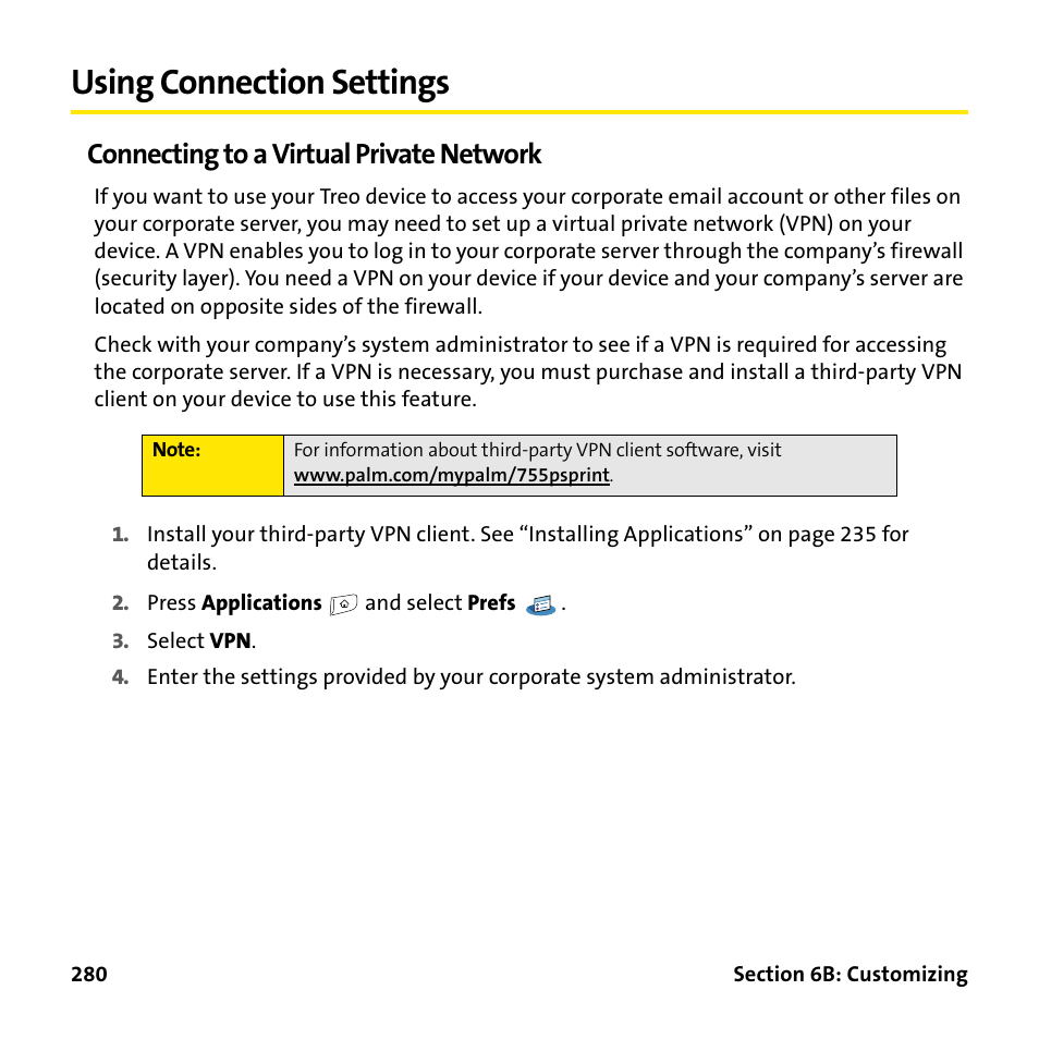 Using connection settings, Connecting to a virtual private network | Palm Treo 755P User Manual | Page 288 / 390