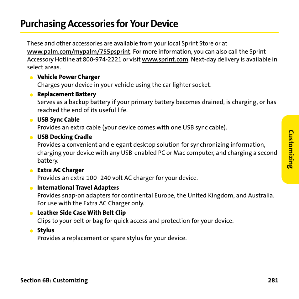 Purchasing accessories for your device, Customi zing | Palm Treo 755P User Manual | Page 289 / 390