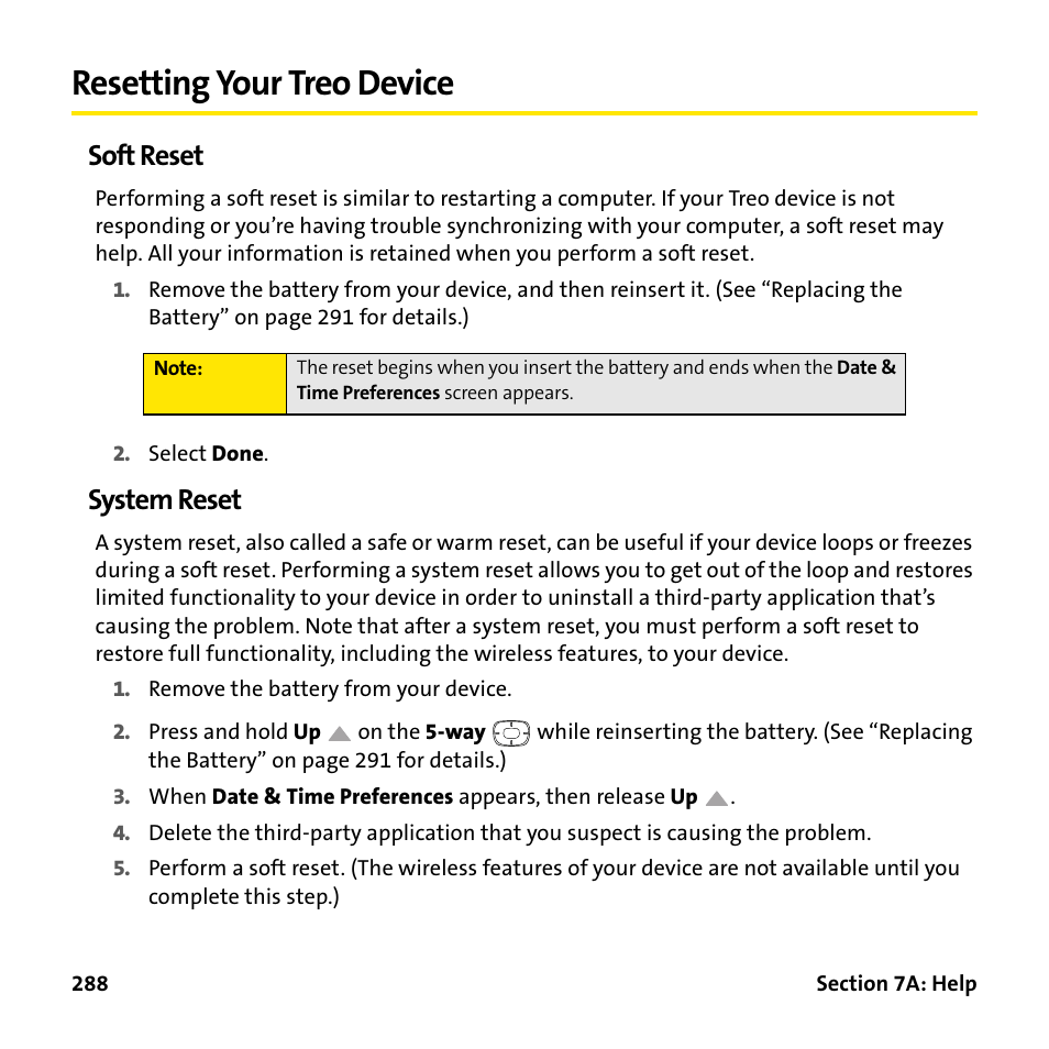 Resetting your treo device, Soft reset, System reset | Palm Treo 755P User Manual | Page 296 / 390