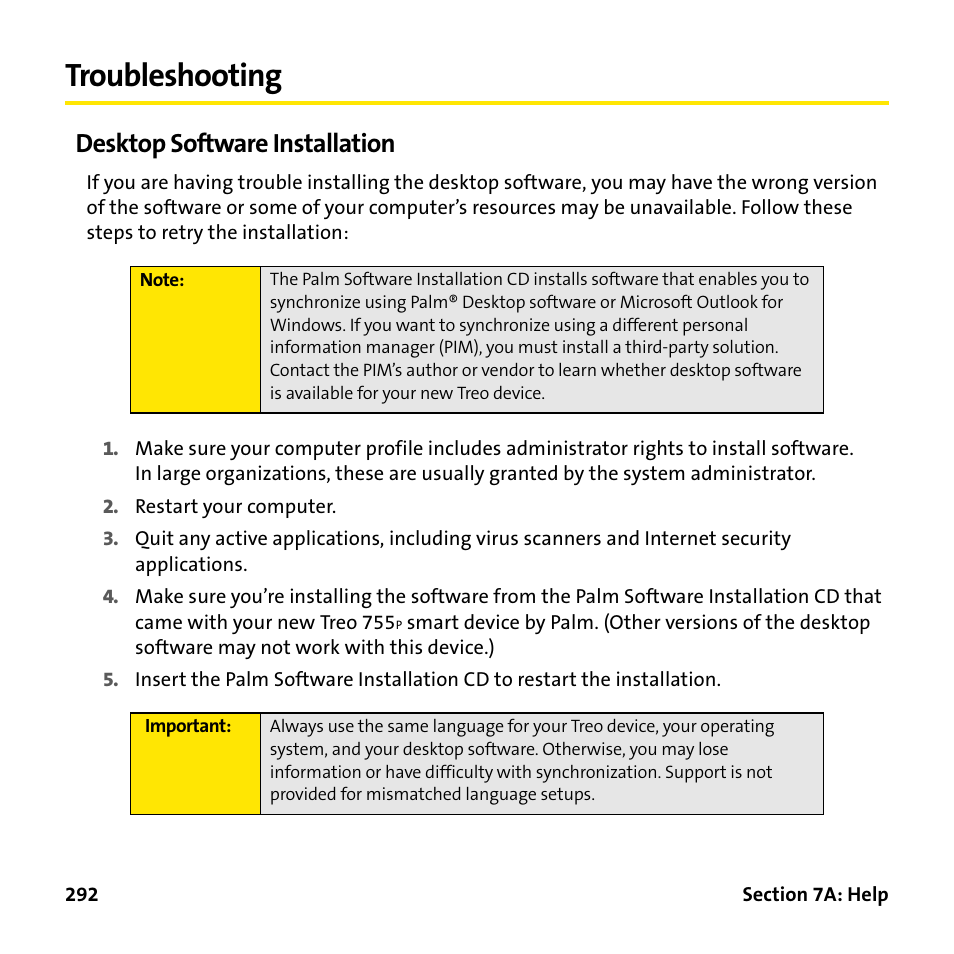 Troubleshooting, Desktop software installation | Palm Treo 755P User Manual | Page 300 / 390