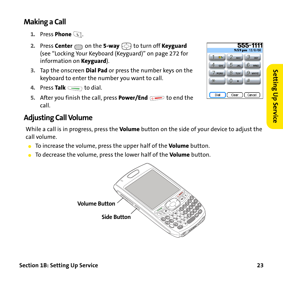 Making a call, Adjusting call volume | Palm Treo 755P User Manual | Page 31 / 390