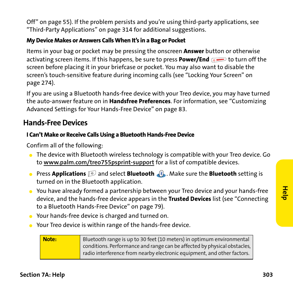 Hands-free devices, He lp | Palm Treo 755P User Manual | Page 311 / 390