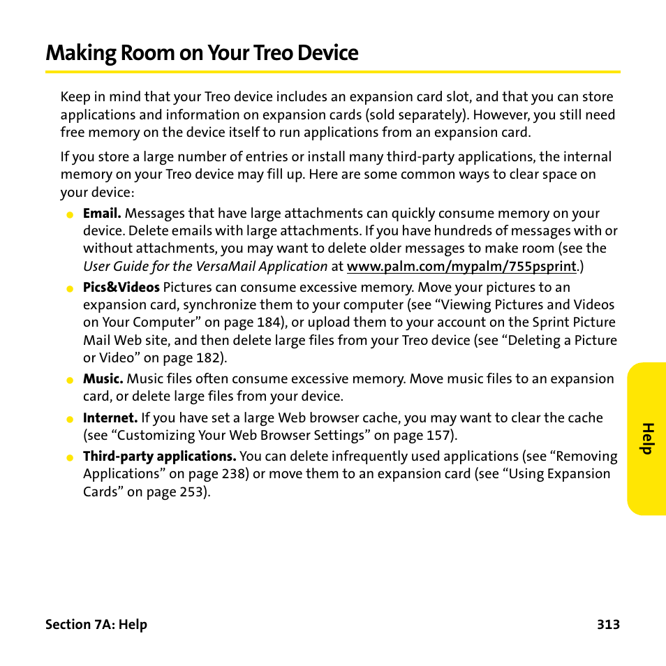 Making room on your treo device, He lp | Palm Treo 755P User Manual | Page 321 / 390