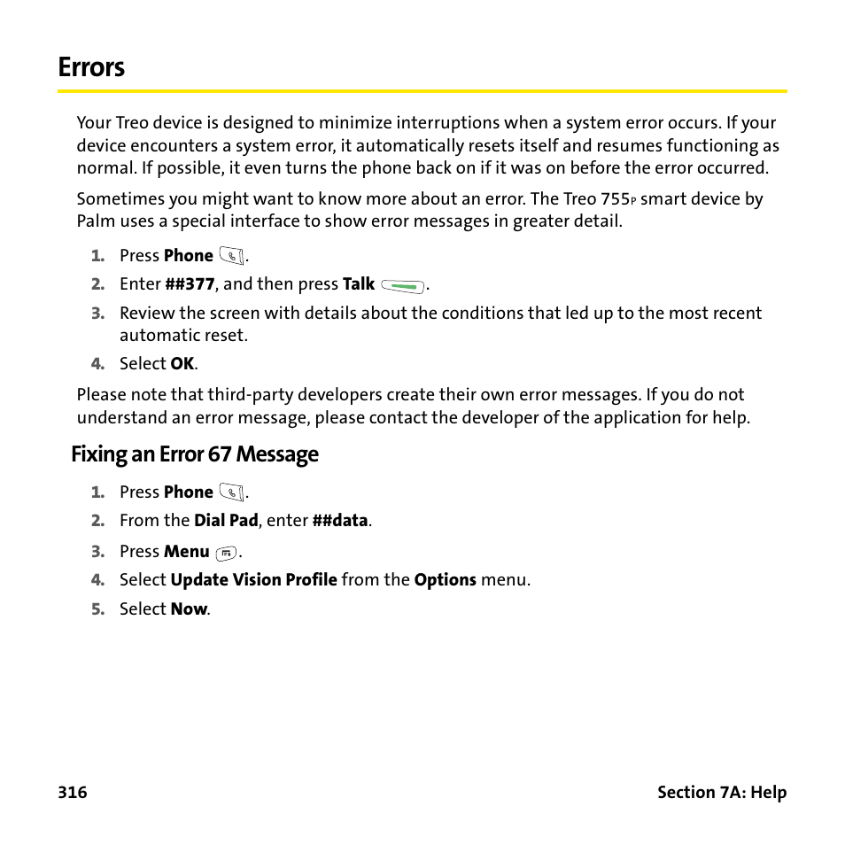 Errors, Fixing an error 67 message | Palm Treo 755P User Manual | Page 324 / 390