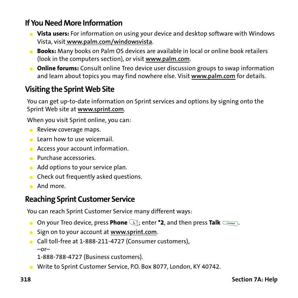 If you need more information, Visiting the sprint web site, Reaching sprint customer service | Palm Treo 755P User Manual | Page 326 / 390