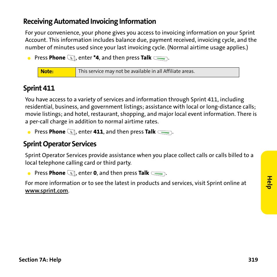 Receiving automated invoicing information, Sprint 411, Sprint operator services | Palm Treo 755P User Manual | Page 327 / 390