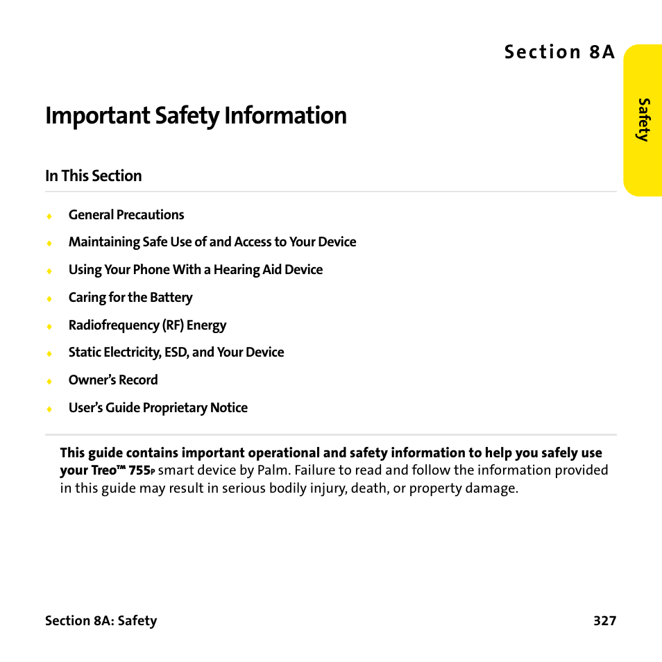 Important safety information, 8a. important safety information, S e c ti o n 8 a | Saf e ty | Palm Treo 755P User Manual | Page 335 / 390