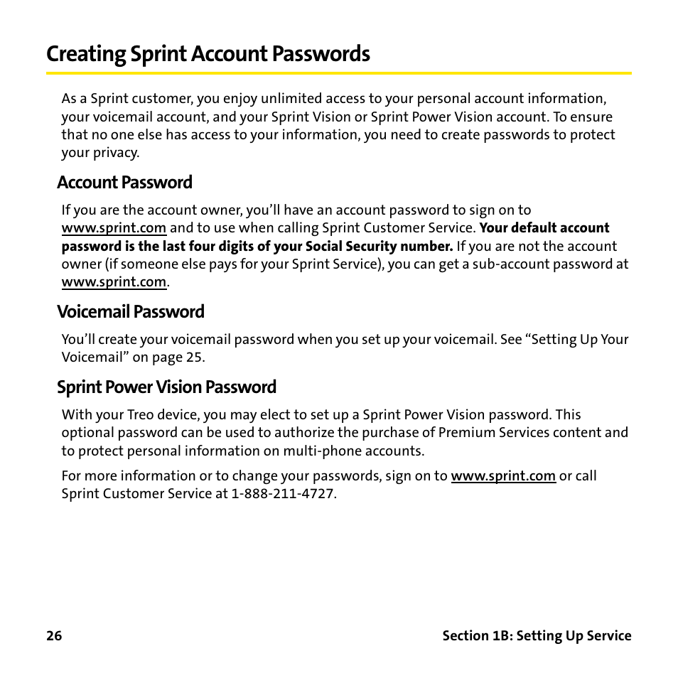 Creating sprint account passwords, Account password, Voicemail password | Sprint power vision password | Palm Treo 755P User Manual | Page 34 / 390