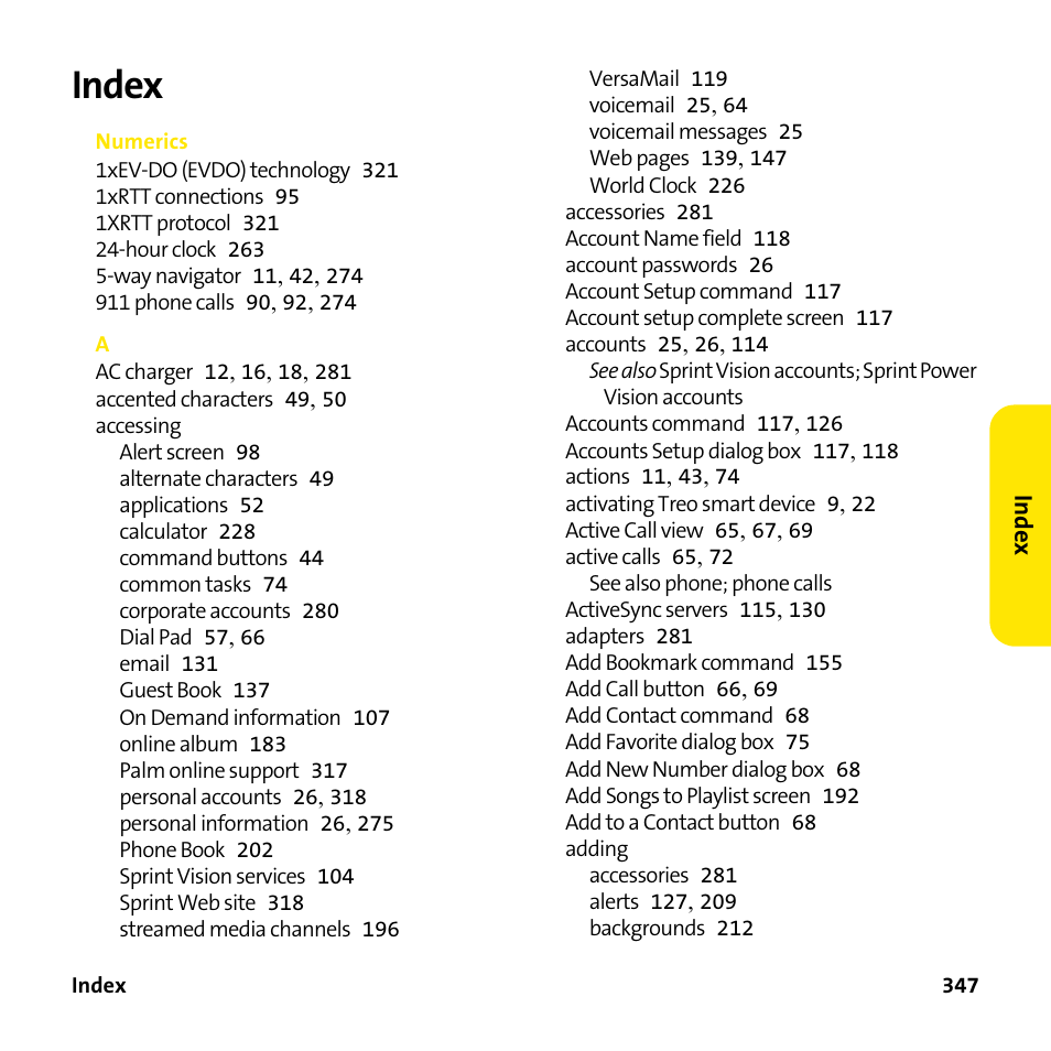 Index | Palm Treo 755P User Manual | Page 355 / 390