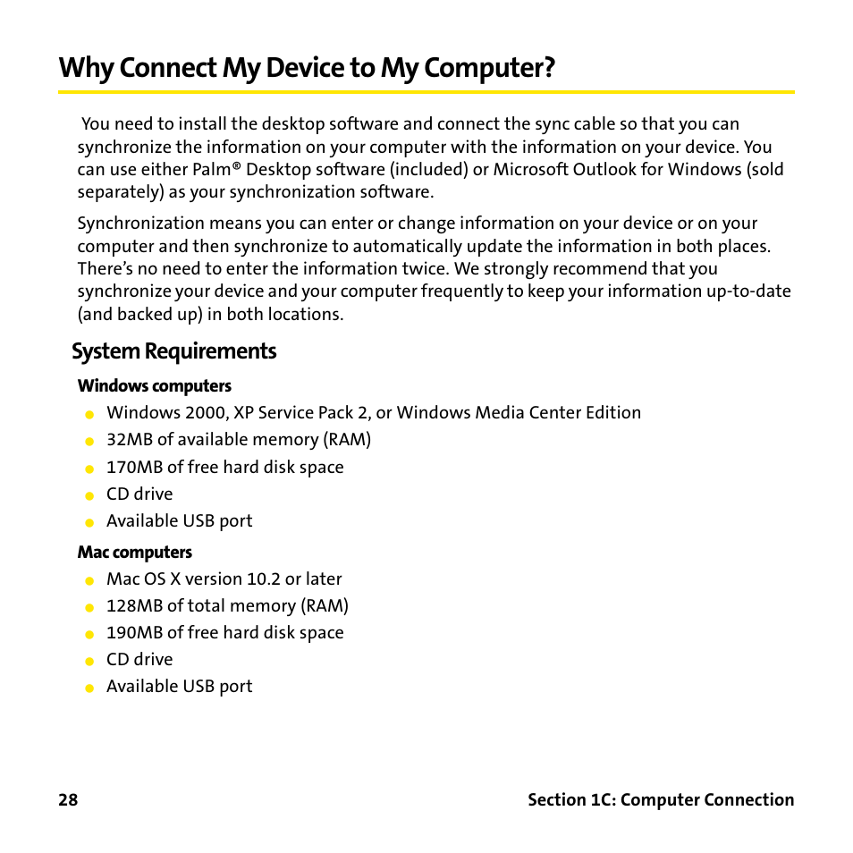 Why connect my device to my computer, System requirements | Palm Treo 755P User Manual | Page 36 / 390