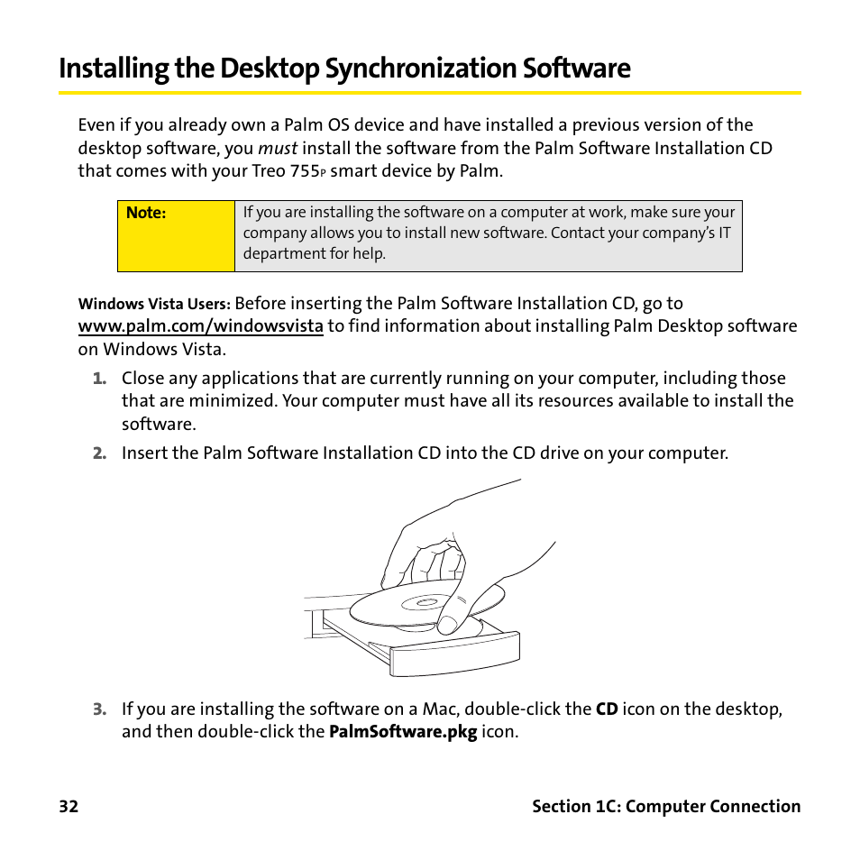 Installing the desktop synchronization software | Palm Treo 755P User Manual | Page 40 / 390