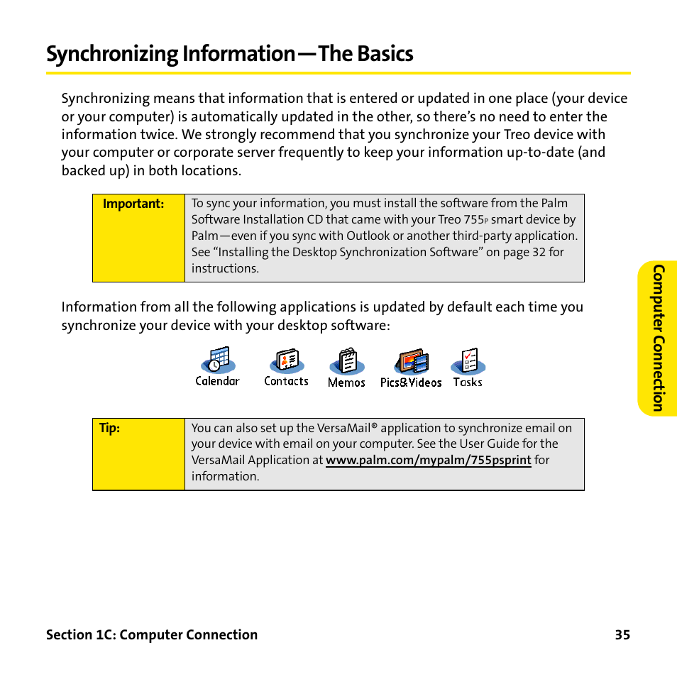 Synchronizing information-the basics, Synchronizing information—the basics | Palm Treo 755P User Manual | Page 43 / 390