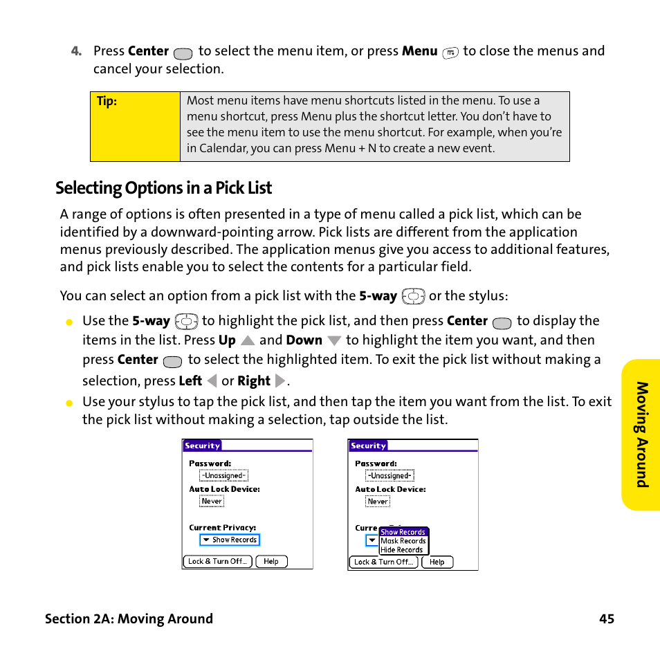 Selecting options in a pick list | Palm Treo 755P User Manual | Page 53 / 390