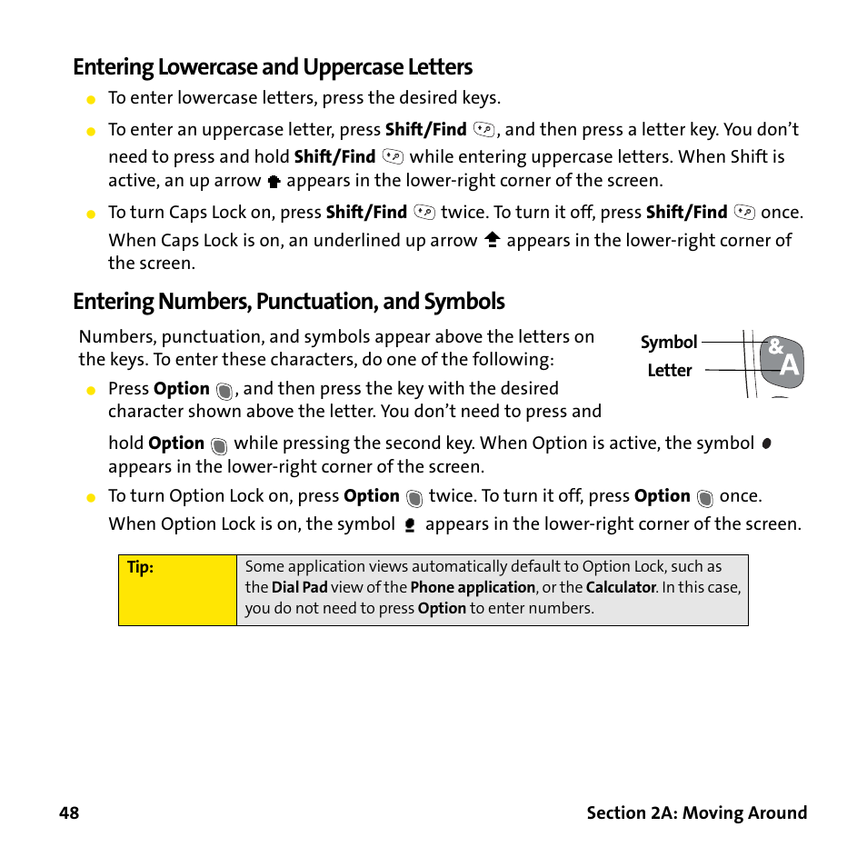 Entering lowercase and uppercase letters, Entering numbers, punctuation, and symbols | Palm Treo 755P User Manual | Page 56 / 390