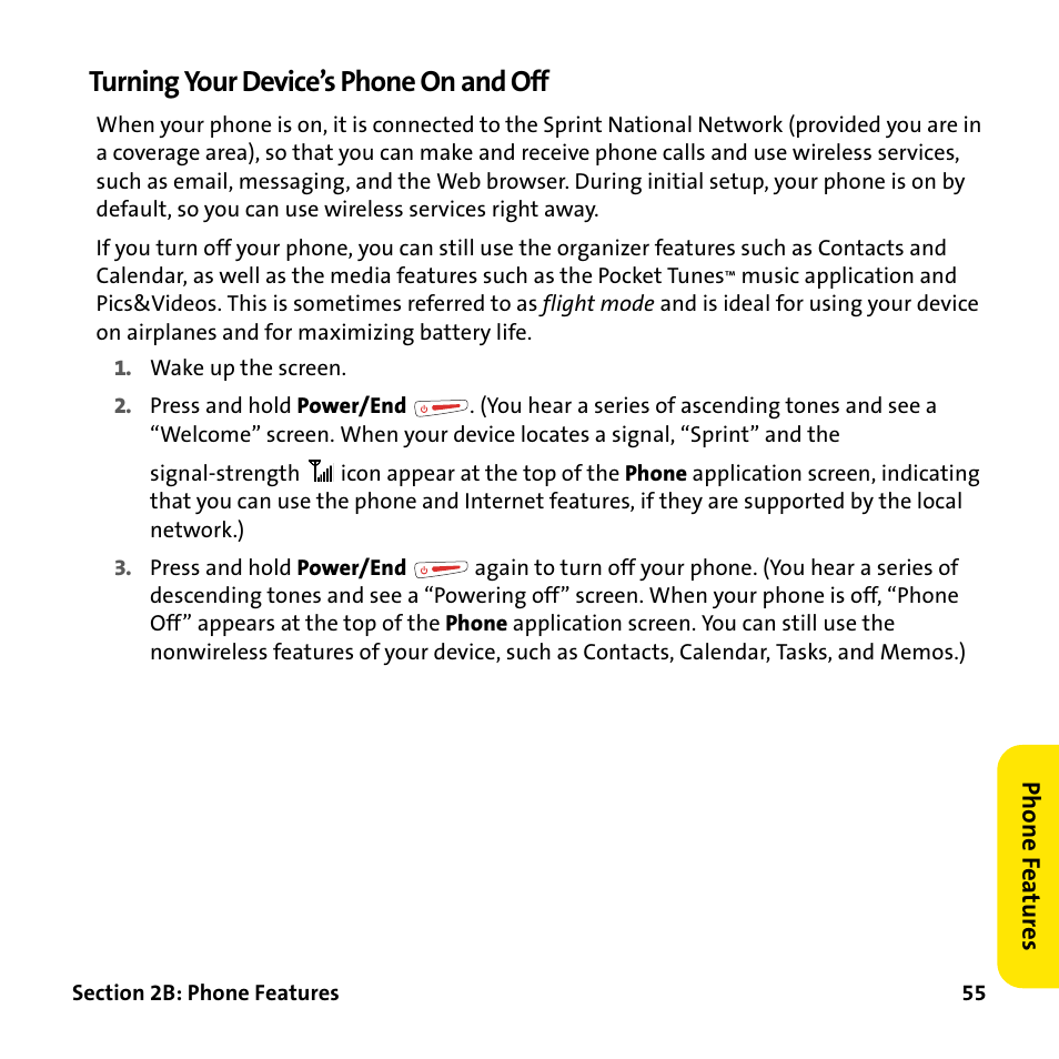 Turning your device’s phone on and off | Palm Treo 755P User Manual | Page 63 / 390