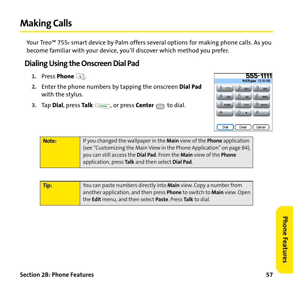 Making calls, Dialing using the onscreen dial pad | Palm Treo 755P User Manual | Page 65 / 390