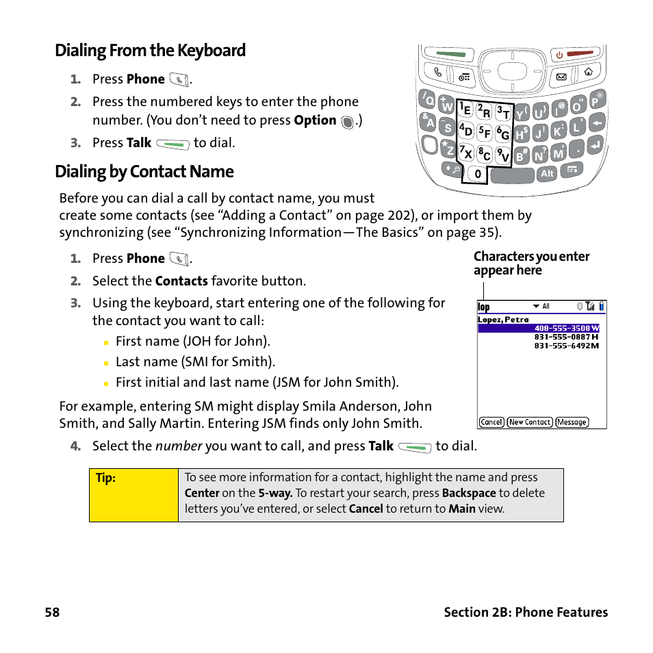 Dialing from the keyboard, Dialing by contact name | Palm Treo 755P User Manual | Page 66 / 390