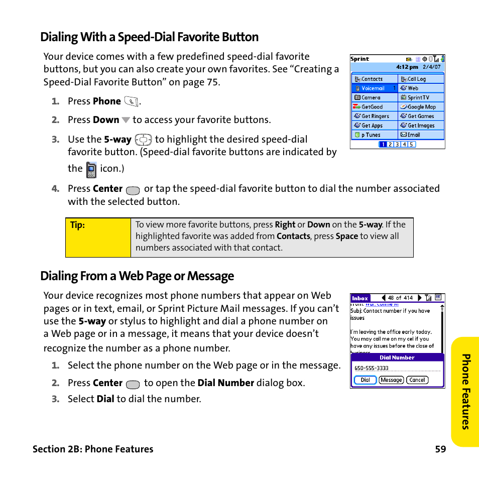 Dialing with a speed-dial favorite button, Dialing from a web page or message | Palm Treo 755P User Manual | Page 67 / 390