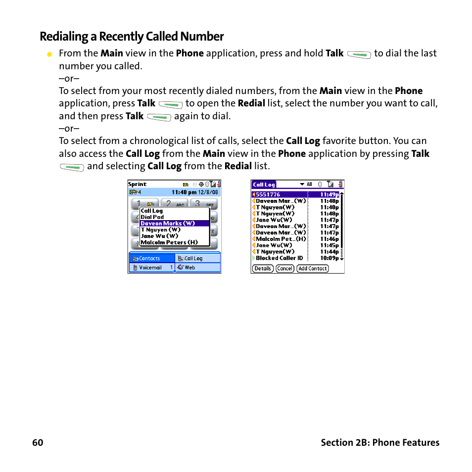 Redialing a recently called number | Palm Treo 755P User Manual | Page 68 / 390