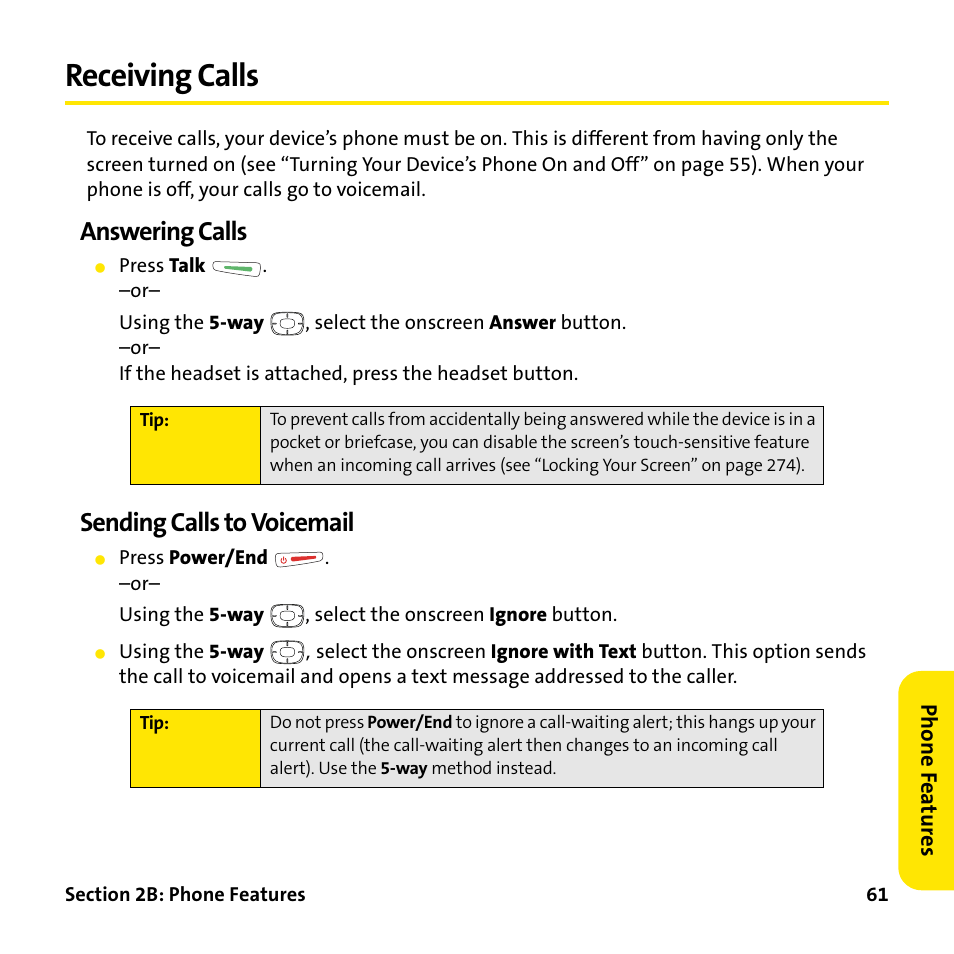 Receiving calls, Answering calls, Sending calls to voicemail | Palm Treo 755P User Manual | Page 69 / 390