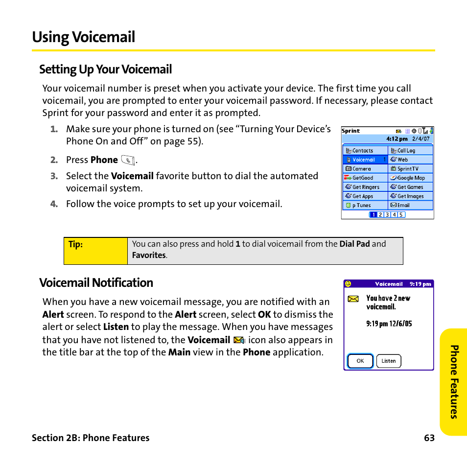 Using voicemail, Setting up your voicemail, Voicemail notification | Palm Treo 755P User Manual | Page 71 / 390