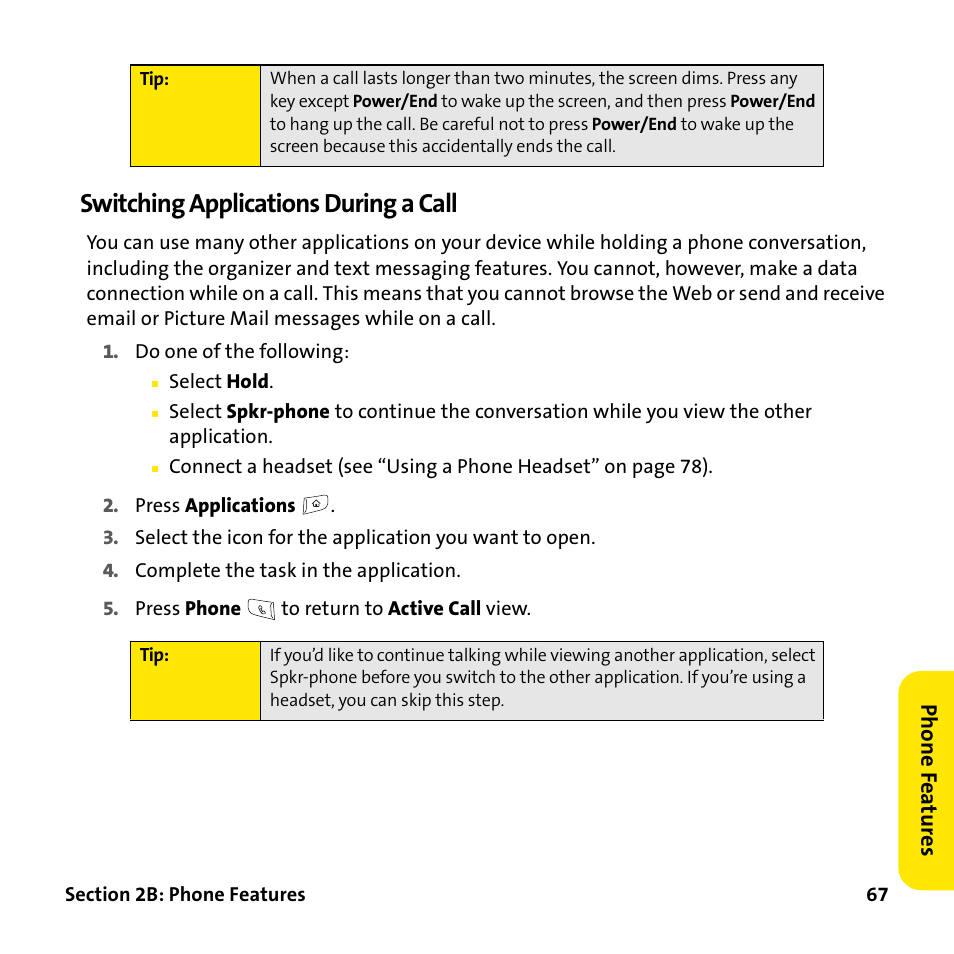 Switching applications during a call | Palm Treo 755P User Manual | Page 75 / 390