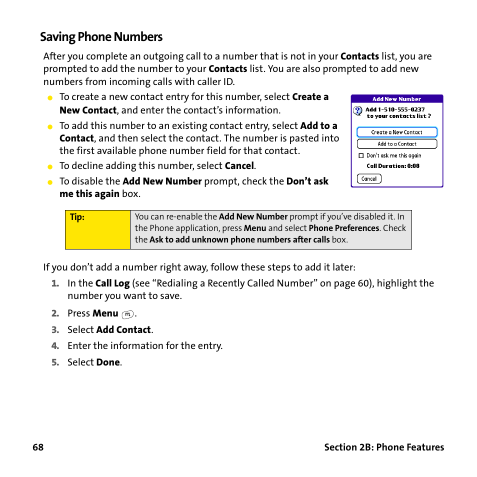 Saving phone numbers | Palm Treo 755P User Manual | Page 76 / 390