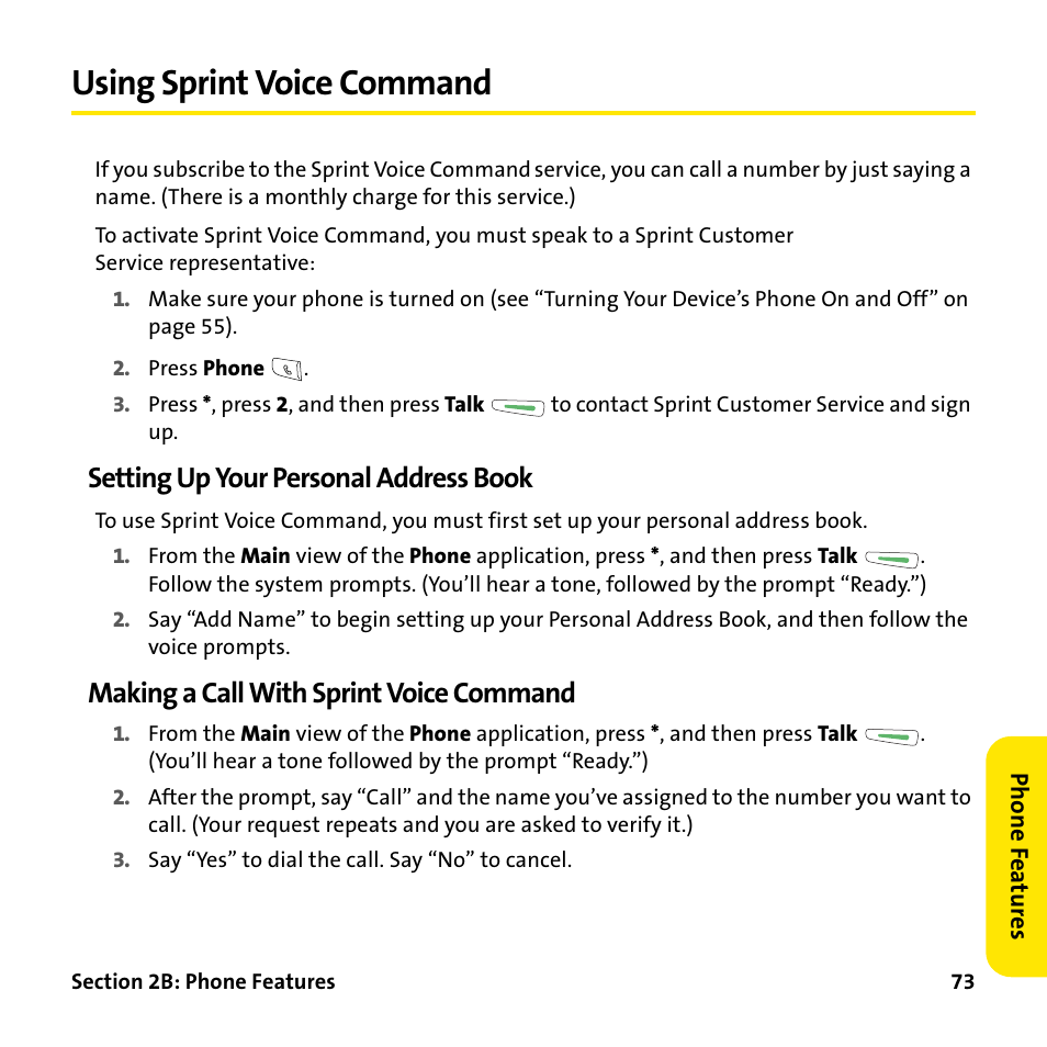 Using sprint voice command, Setting up your personal address book, Making a call with sprint voice command | Palm Treo 755P User Manual | Page 81 / 390