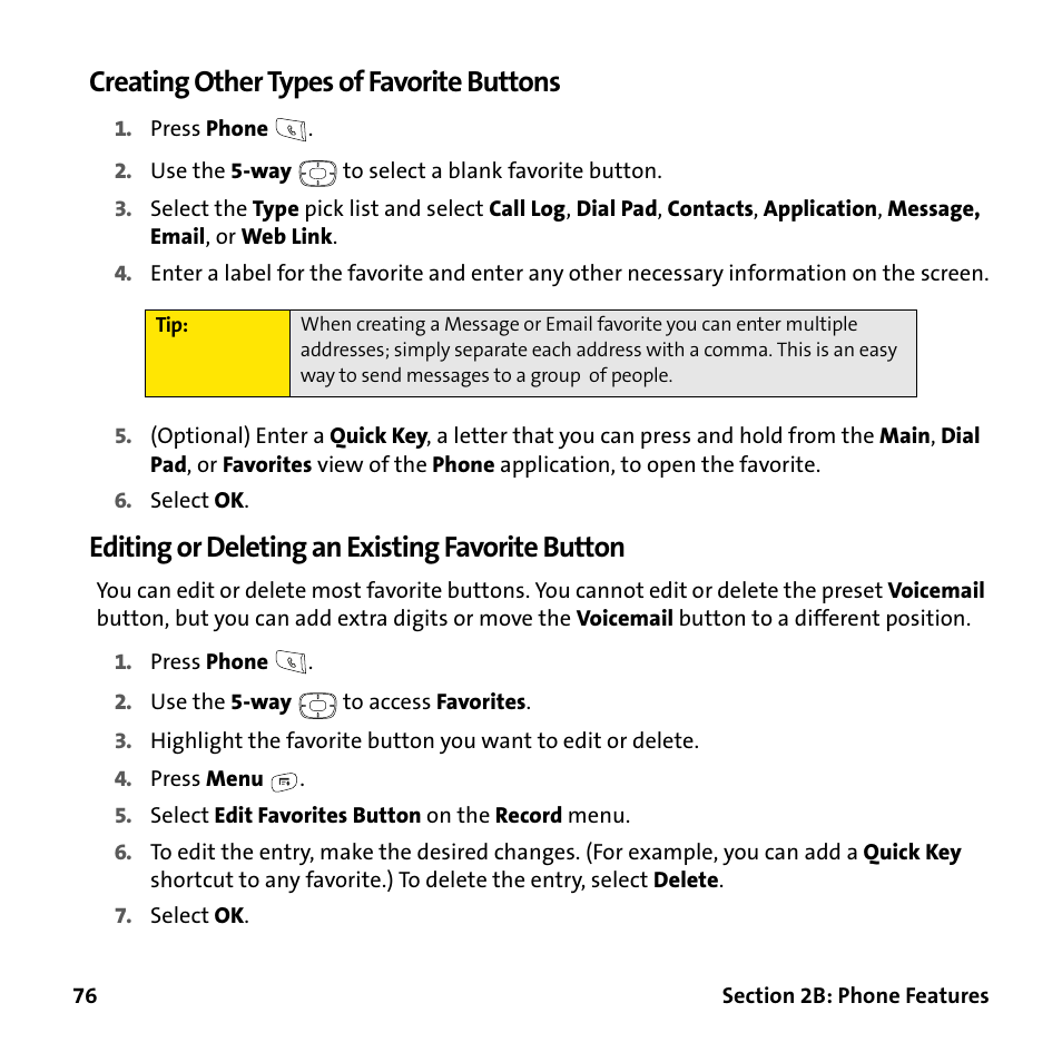 Creating other types of favorite buttons, Editing or deleting an existing favorite button | Palm Treo 755P User Manual | Page 84 / 390