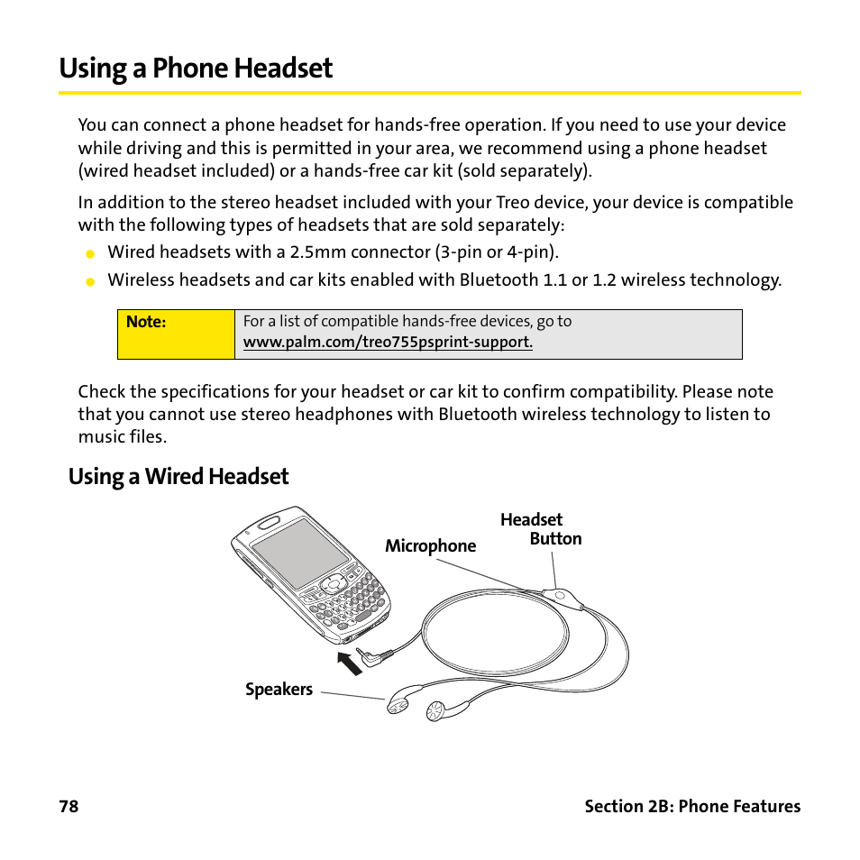 Using a phone headset, Using a wired headset | Palm Treo 755P User Manual | Page 86 / 390