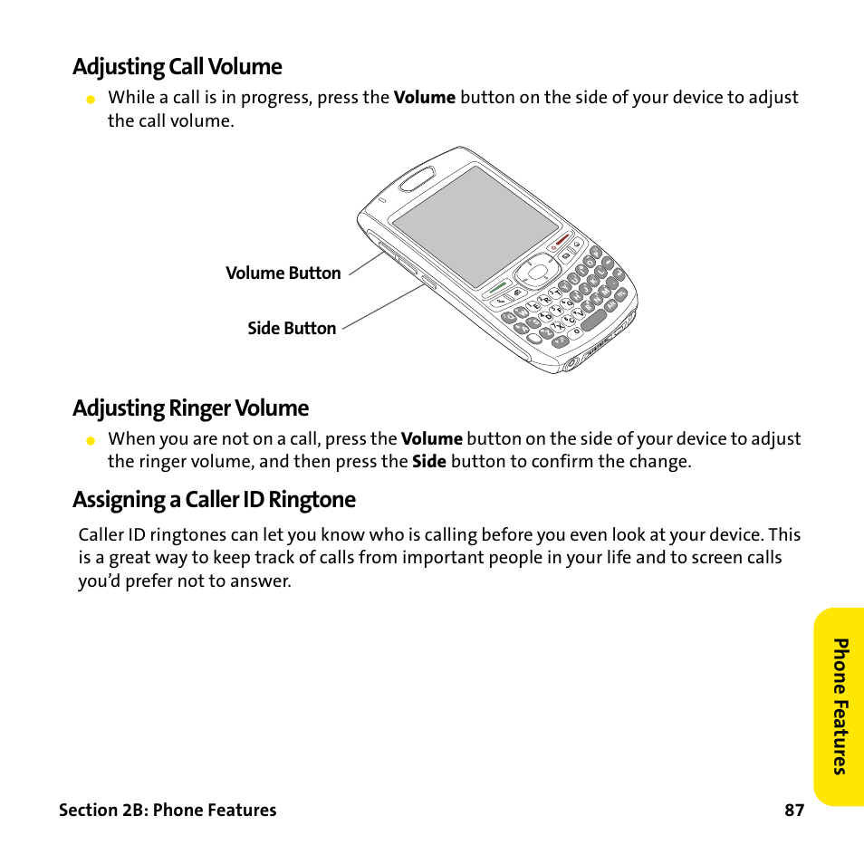 Adjusting call volume, Adjusting ringer volume, Assigning a caller id ringtone | Palm Treo 755P User Manual | Page 95 / 390