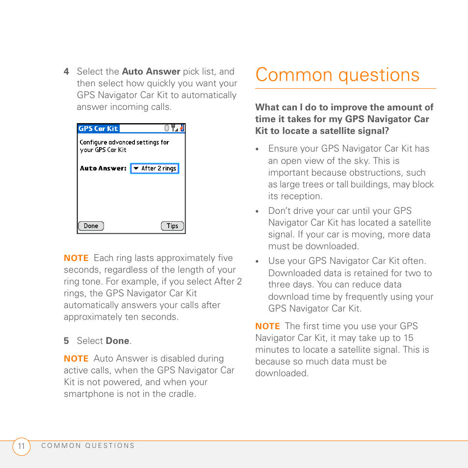 5 select done, Common questions | Palm GPS Kit User Manual | Page 13 / 128