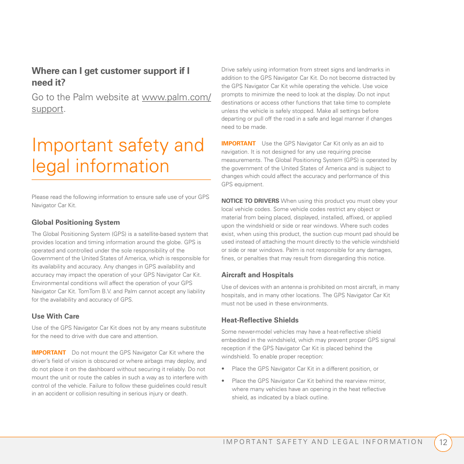 Where can i get customer support if i need it, Important safety and legal information | Palm GPS Kit User Manual | Page 14 / 128