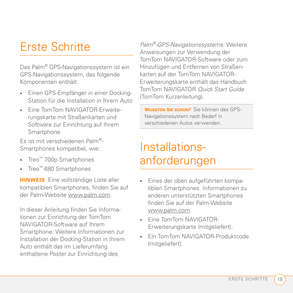 Erste schritte, Installationsanforderungen, Installations- anforderungen | Palm GPS Kit User Manual | Page 20 / 128