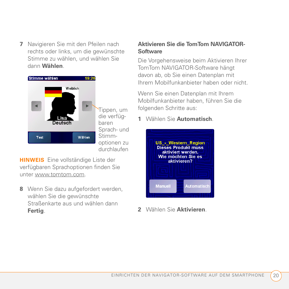 Aktivieren sie die tomtom navigator- software, 1 wählen sie automatisch, 2 wählen sie aktivieren | Palm GPS Kit User Manual | Page 22 / 128