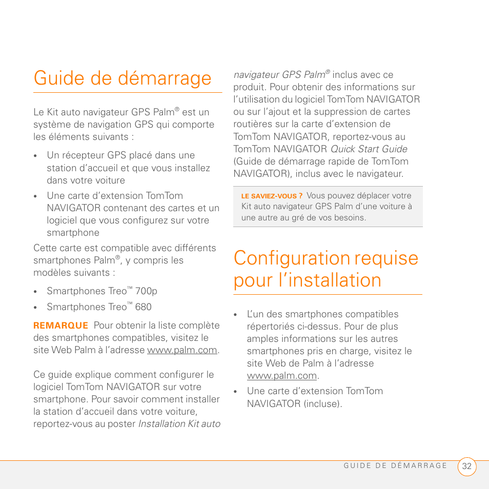Guide de démarrage, Configuration requise pour l’installation | Palm GPS Kit User Manual | Page 34 / 128