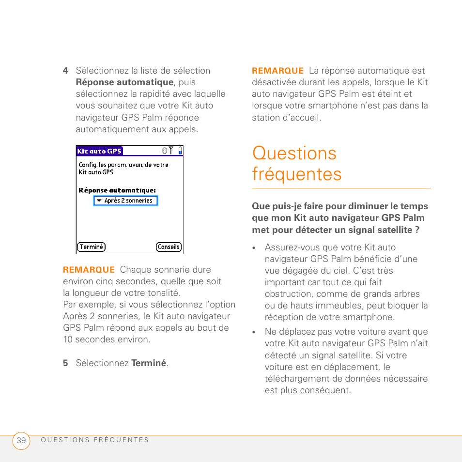 5 sélectionnez terminé, Questions fréquentes | Palm GPS Kit User Manual | Page 41 / 128