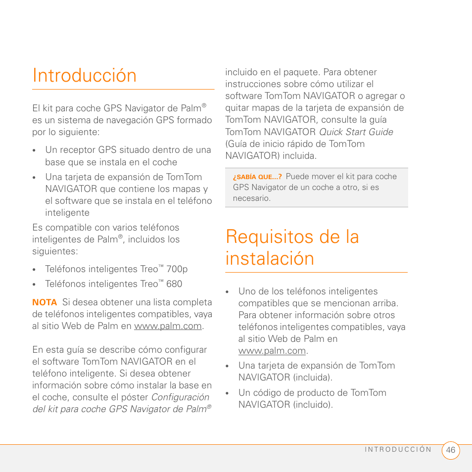 Introducción, Requisitos de la instalación | Palm GPS Kit User Manual | Page 48 / 128