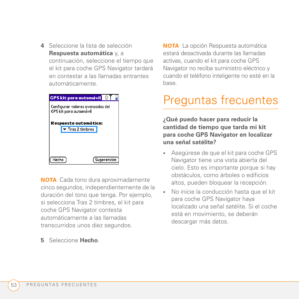 5 seleccione hecho, Preguntas frecuentes | Palm GPS Kit User Manual | Page 55 / 128