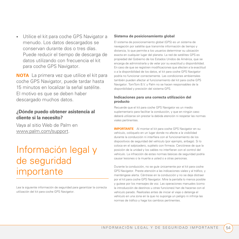 Información legal y de seguridad importante, Nota | Palm GPS Kit User Manual | Page 56 / 128