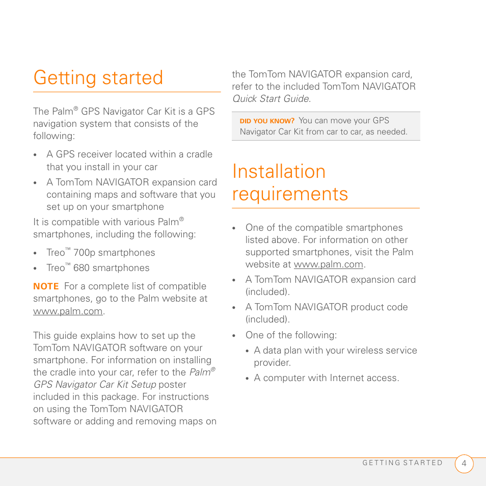 Getting started, Installation requirements | Palm GPS Kit User Manual | Page 6 / 128