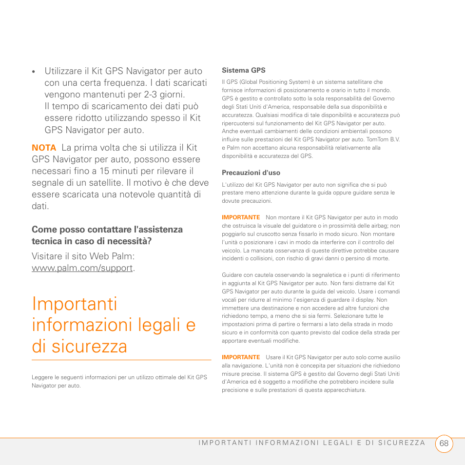 Importanti informazioni legali e di sicurezza, Nota | Palm GPS Kit User Manual | Page 70 / 128