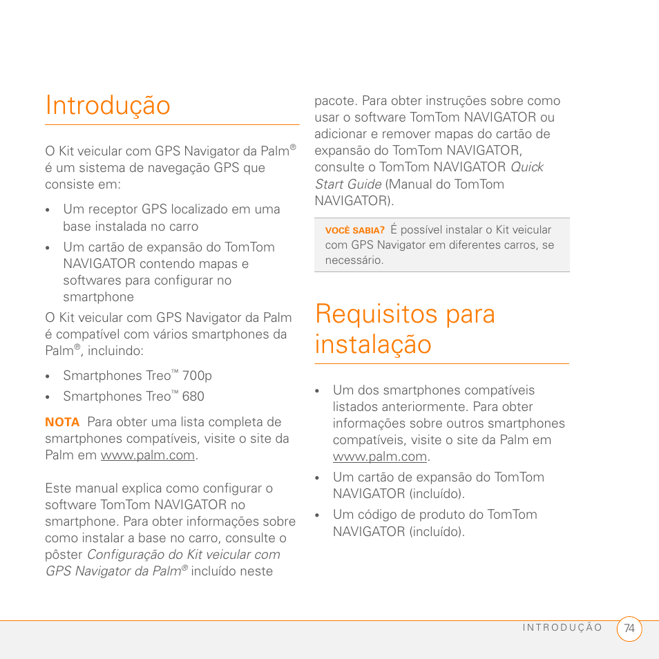 Introdução, Requisitos para instalação | Palm GPS Kit User Manual | Page 76 / 128
