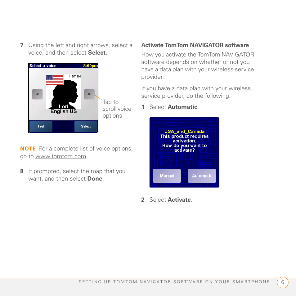 Activate tomtom navigator software, 1 select automatic, 2 select activate | Palm GPS Kit User Manual | Page 8 / 128