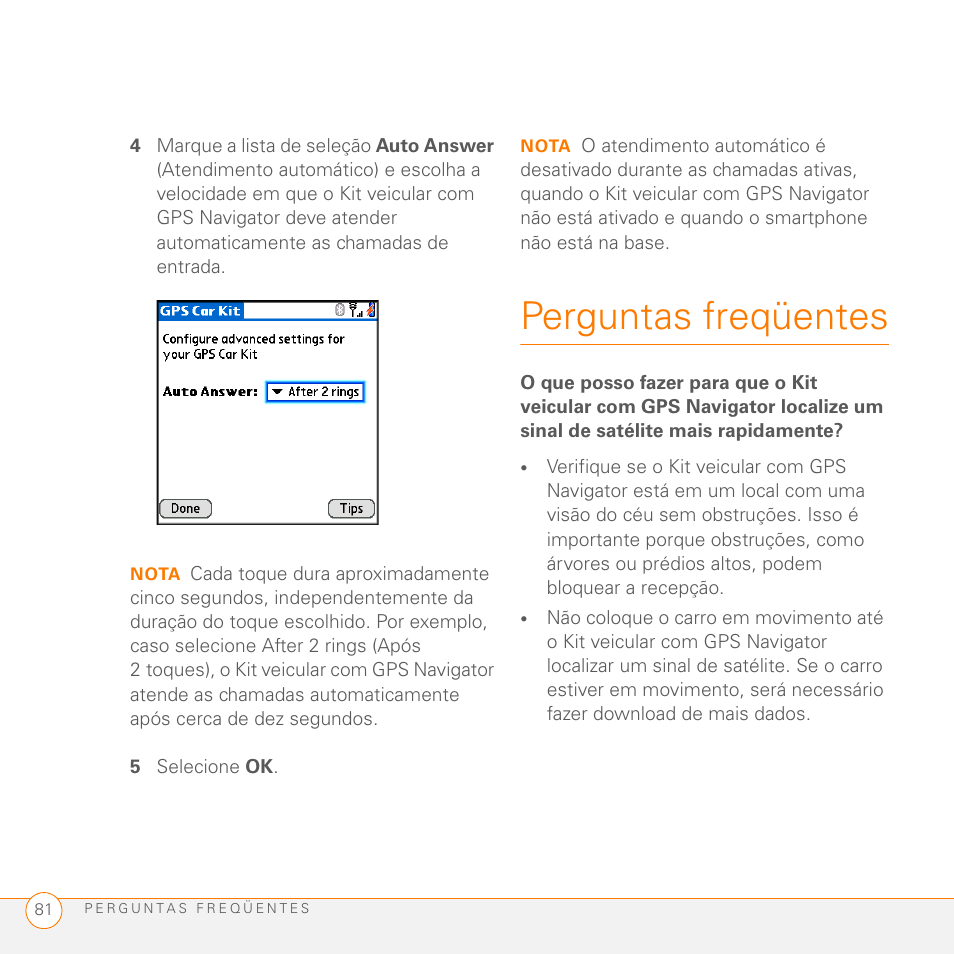 5 selecione ok, Perguntas freqüentes | Palm GPS Kit User Manual | Page 83 / 128