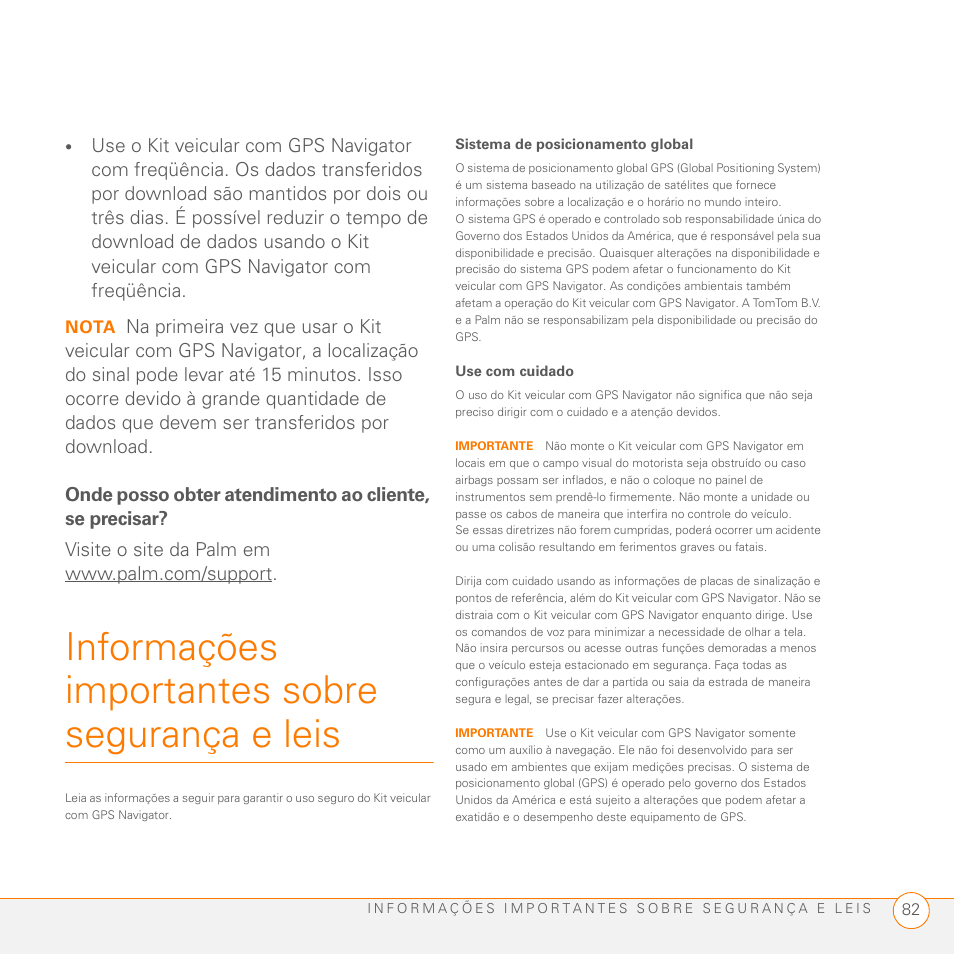 Informações importantes sobre segurança e leis, Nota | Palm GPS Kit User Manual | Page 84 / 128