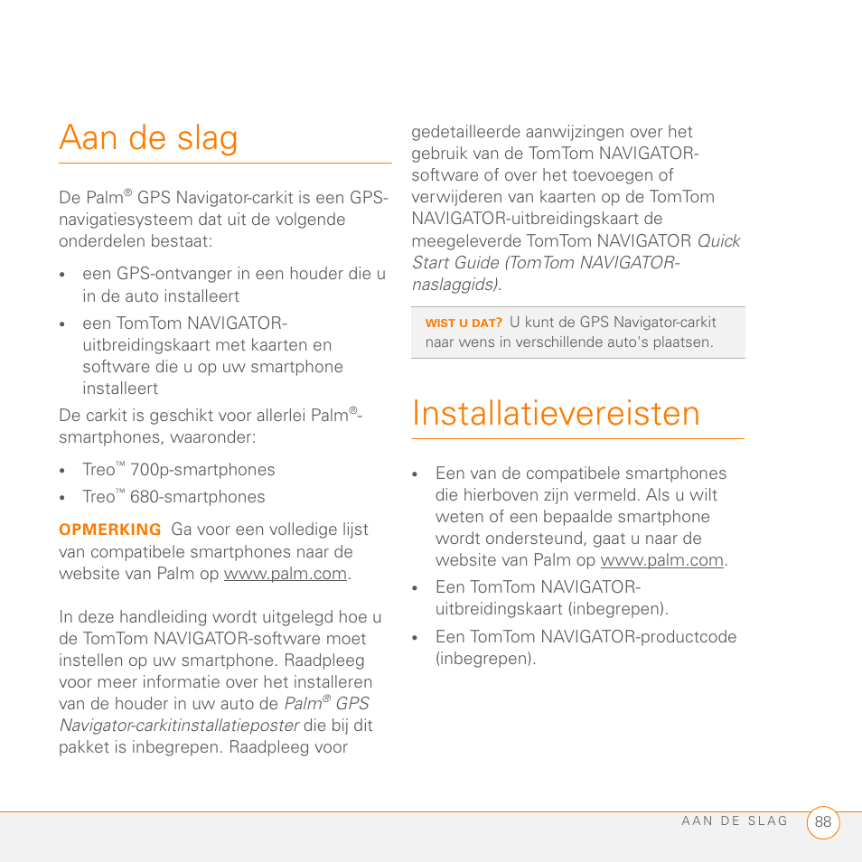 Aan de slag, Installatievereisten | Palm GPS Kit User Manual | Page 90 / 128
