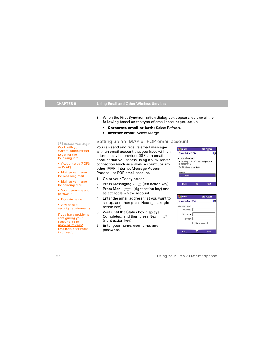 Setting up an imap or pop email account | Palm Treo 700w User Manual | Page 100 / 290