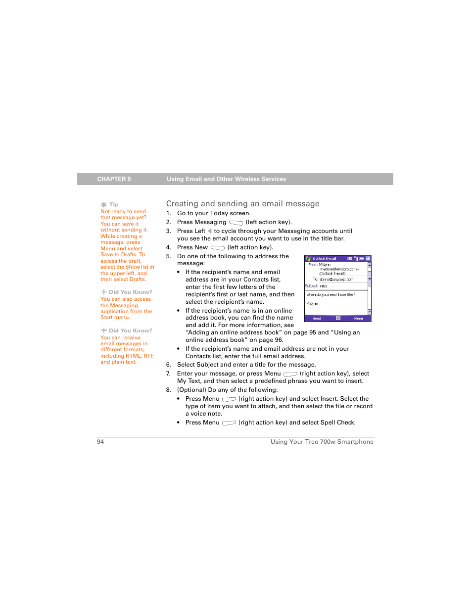 Creating and sending an email message | Palm Treo 700w User Manual | Page 102 / 290